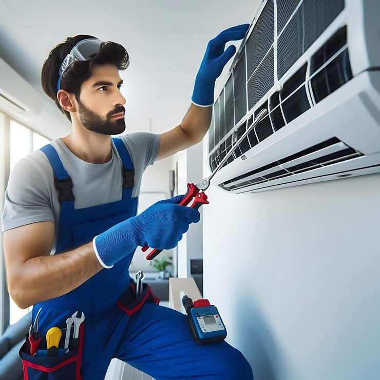 male technician cleaning air conditioner professional